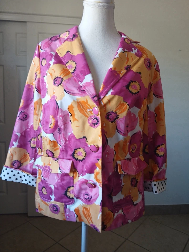 Chaqueta Blazer Joan Rivers Para Mujer 8 Floral Rosa Naranja Mezcla Algodón Puños a Lunares Foto 2 de 4