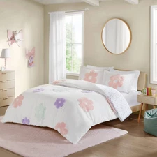 Twin Elle Floral Reversible Tufted Chenille Kids' Duvet Cover Set White/Purple