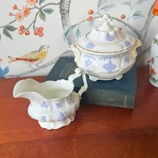 Staffordshire Lavender Sprig Sugar & Creamer Set, Victorian English Earthenware