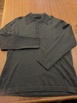 Equilibrio Sweater Italy M Large Brown 100% Merino Wool Polo . Buttons Casual