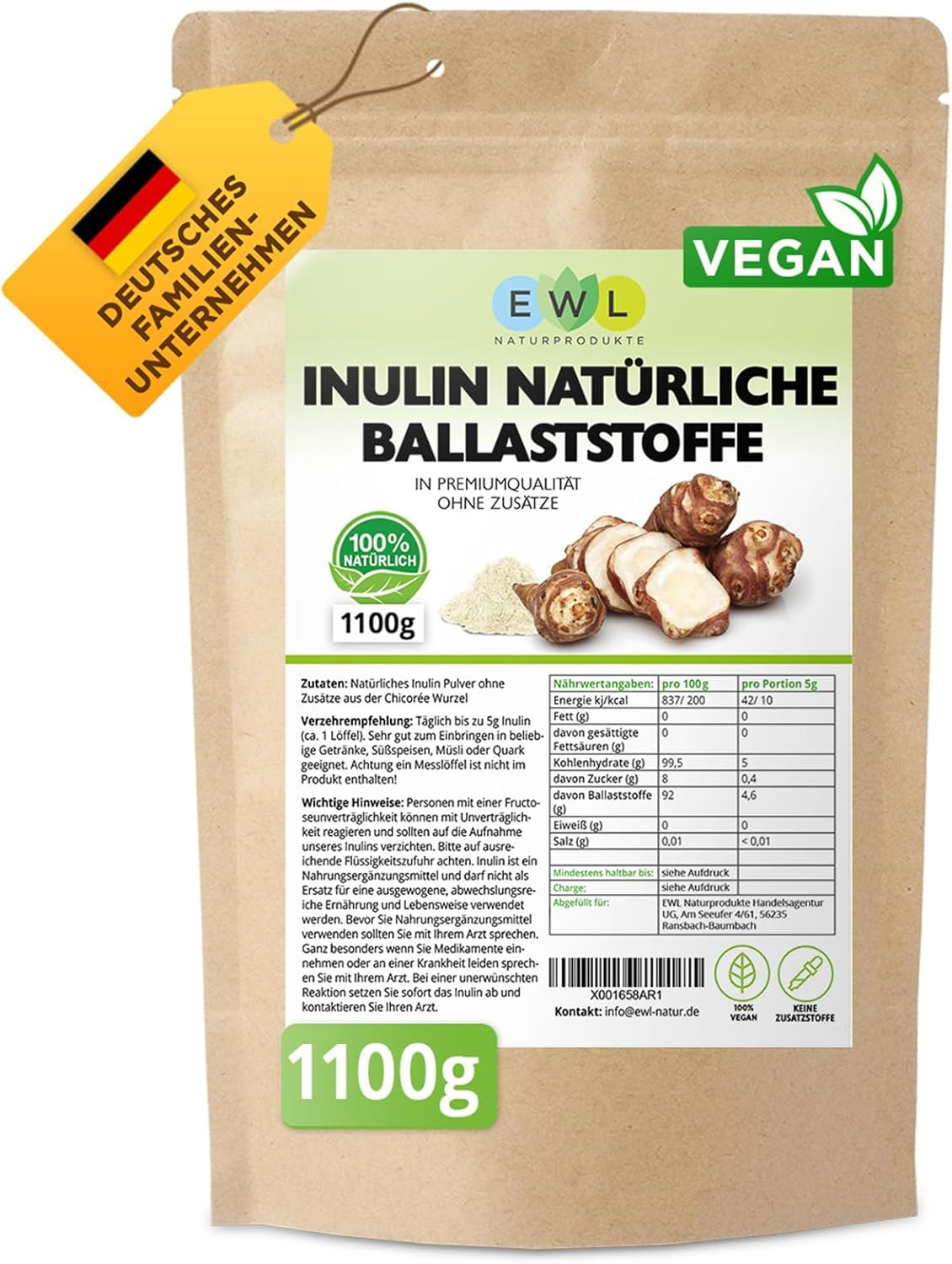 EWL Naturprodukte Inulin Pulver 1100g – Chicoree Ballaststoffpulver,Laborgeprüft