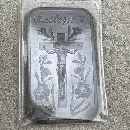 Silver Bar Easter Jesus 1974 One Troy Ounce Fine Silver .999 Vintage toned bar