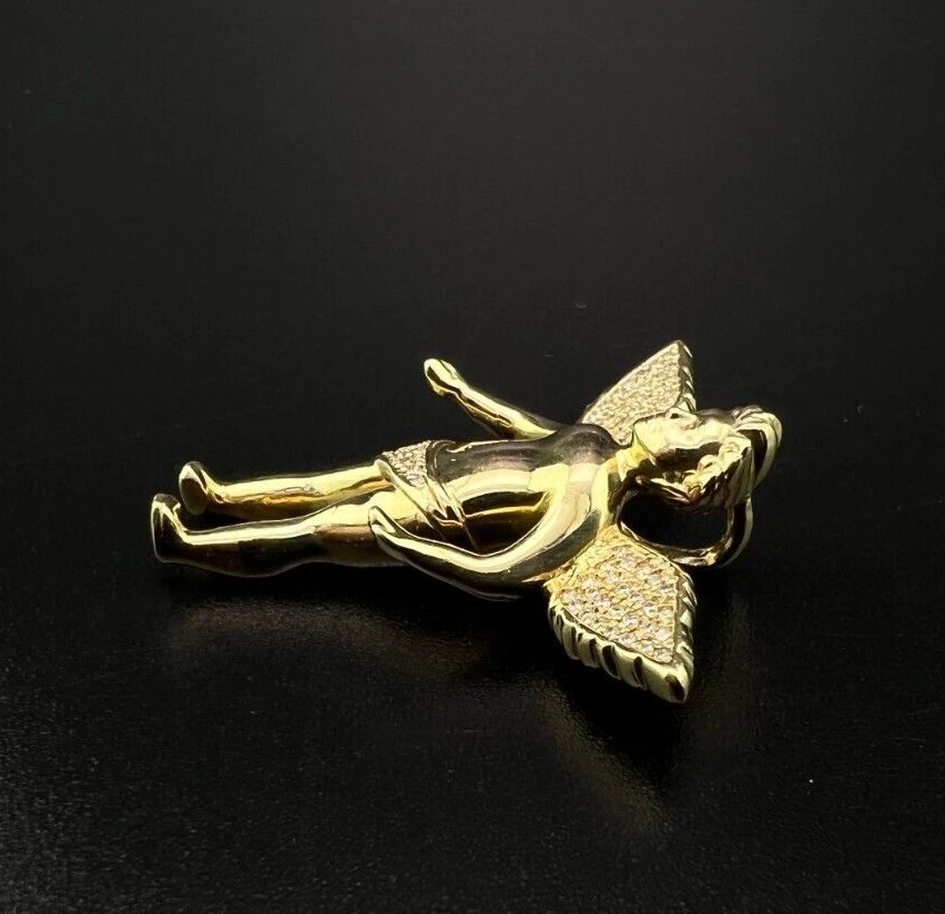 Colgante de ángel pavé de diamantes redondos brillantes de 0,17 quilates de oro amarillo macizo de 14 quilates Foto 3 de 4