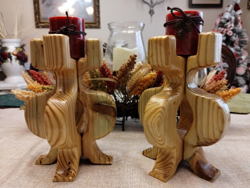 BELLISSIMO SET DI 2 PORTACANDELE IN LEGNO ARTIGIANALI - Foto 1 di 3