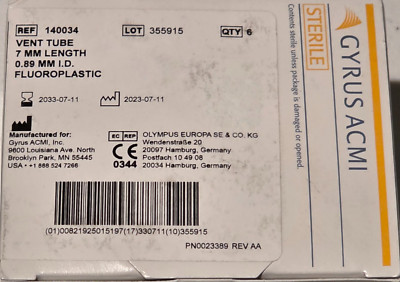 Gyrus ACMI Vent Tube 140034 Fluoroplastic 7mm Length 0.89mm ID. Qty 6 ...