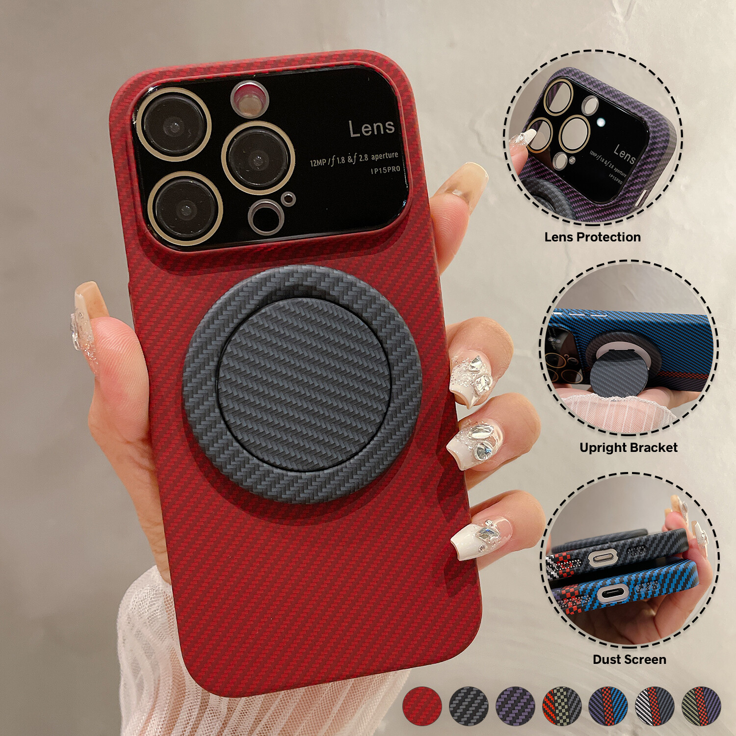 For iPhone 15 14 Pro Max 13 12 11 Mag Safe Carbon Fiber Rotate Stand Case Cover