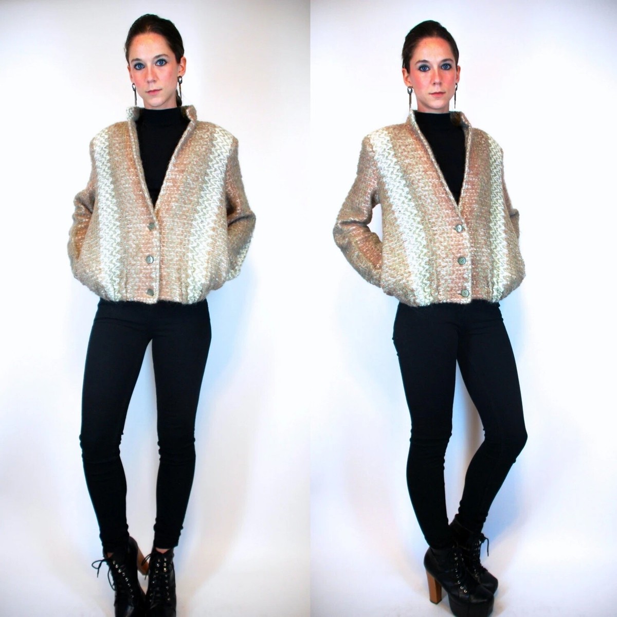 Vintage 70s Mohair Natural Sweater Coat Jacket Bomber Mod Knit 