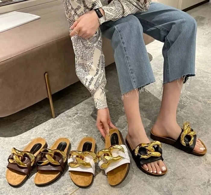MW010650 FASHION GOLD CHAIN EMBELLISHED FLAT SLIPPERS SANDALS