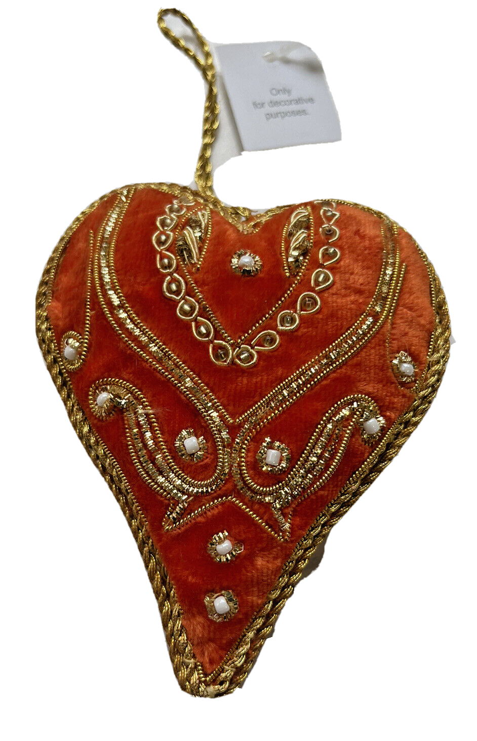 Heart-Shaped Christmas Ornament with Rhinestones and Velvet in Gold & Orange NWT
