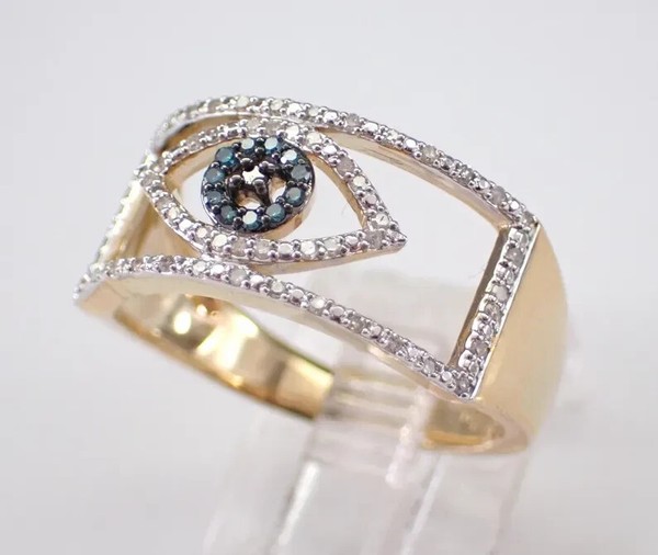 Alternate view of 2.10 Round Cut Real Moissanite Evil Eye Ring 14k Yellow Gold Plated Silver