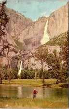 Postcard Union Oil Yosemite Falls Fly Fisherman CA D72