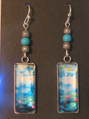 Retro Monet Water Lily Dangle Earrings Handmade Art Glass Cabochon