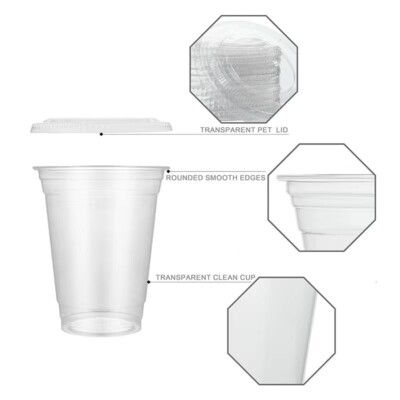 100 PACK 16 oz Disposable Clear Plastic Cups with Flat Lids Cold Coffee Cups  | eBay