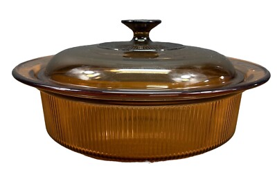 Corning Vision Ware V-33-B 2.5 Qt Amber Ribbed Glass Dutch Oven w/ Lid V-33-C