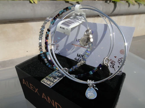 Alex and Ani Silver MY CHILDREN HAVE PAWS Bangle Set of 3 Bracelets Card NIB