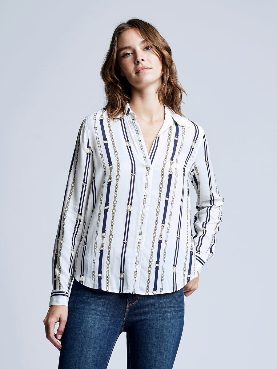 L'AGENCE Holly Chain Buckle Blouse in Ivory/Navy Size Medium