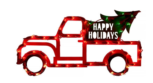 LIGHTED Red TRUCK Christmas Tree WINDOW 43 Lights WALL Happy Holidays - Picture 1 of 2