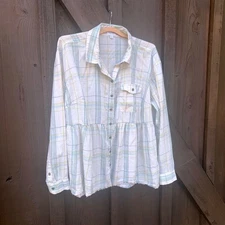 True Craft Plaid Peplum Shirt 1X Long Sleeve Cotton Blend Button Up Boho Tunic