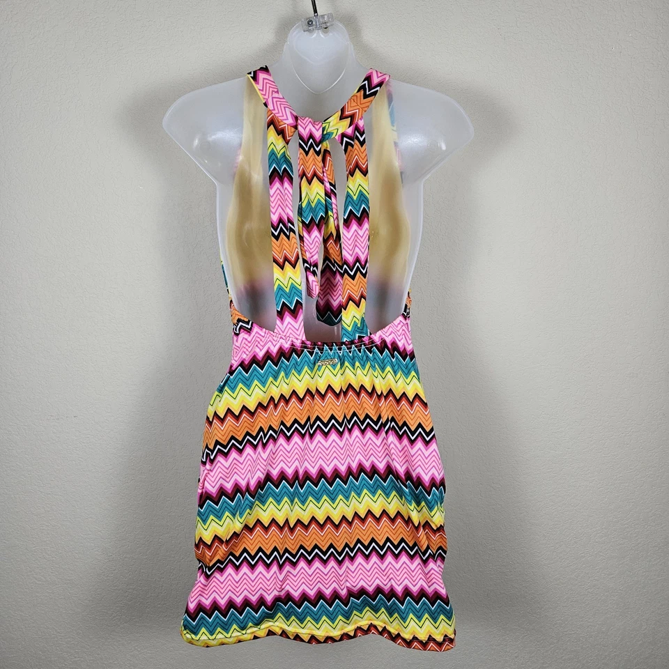Coogi Y2K Beach Coverup Dress Womens S Chevron Colorful Mini Halter Padded Bra - Image 2 of 4