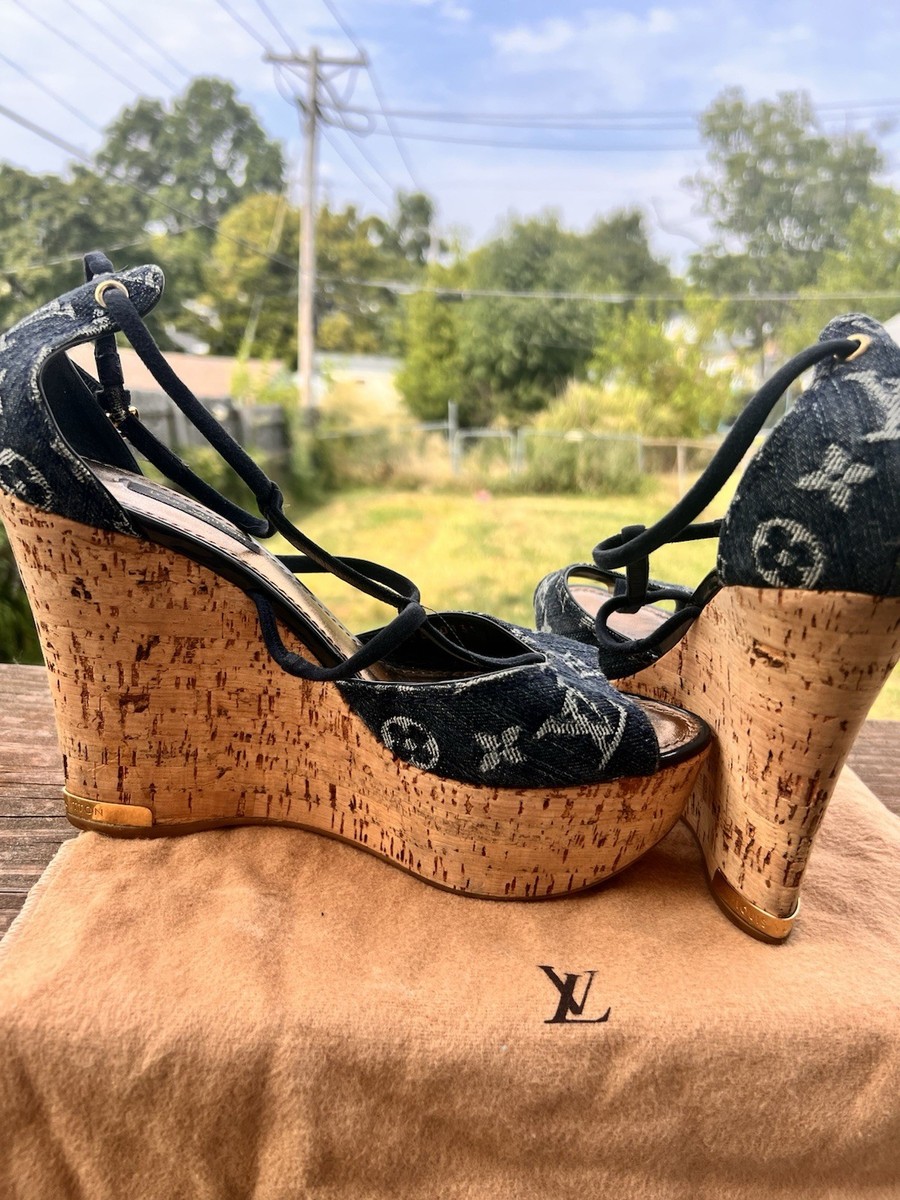 A*I様 Louis Vuitton デニムブルー ウェッジサンダル Louis Vuitton Sandals Wedge Sole Monogram Denim Navy | eBay