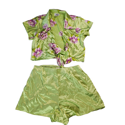 Dominique Simone Y2K 2pc Pajama Set Large Green Purple Floral Satin Shorts
