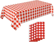 Pack of 4, Picnic Table Cloth, Red and White Checkered Tablecloth, Plastic Tabl
