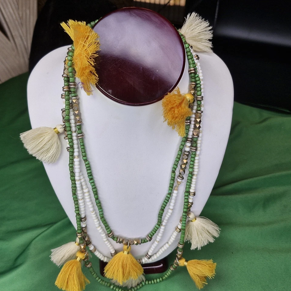 2 India Hicks No Hassle Tassel Necklaces Ivory & Green Marigold Glass Beads 51"  - Image 2 of 4