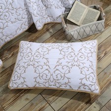 2-Piece King Size Soft Microfiber Beige Quilted Embroidery Floral Pattern Pil...