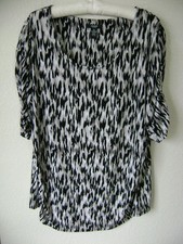 ALFANI WOMENS TUNIC TOP 2X RUCHED PULLOVER SCOOP NECK BLOUSE STRETCH BLACK PRINT
