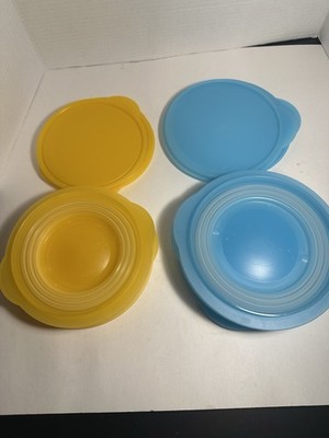 6 Tupperware Flat Out Expandable Collapsible Bowl Lot Blue Yellow With Lids