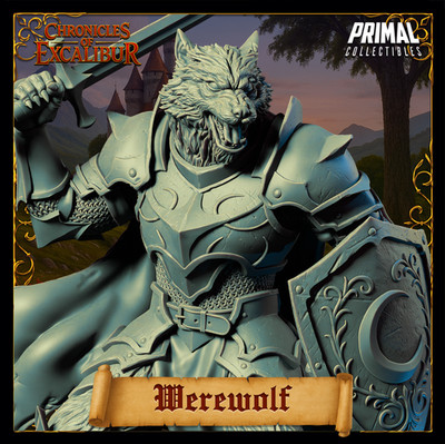 Fighter Paladin Werewolf Male Sword Shield 32mm scale TTRPG D&D mini 3D Printed