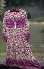 R Vivimos Dress S Pink Purple Paisley Boho Hippie Tassel Tie Flowy Rayon Midi