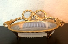 Vintage Soap Dish Gold Tone Twisted Bow Tassel Frosted  Ribbed Glass