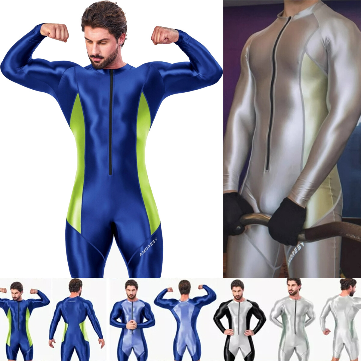 AMORESY Men Shiny Glossy Tracksuits Bodysuit Tights Jumpsuits