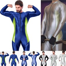 AMORESY Men Shiny Glossy Tracksuits Bodysuit Tights Jumpsuits Overalls Suits
