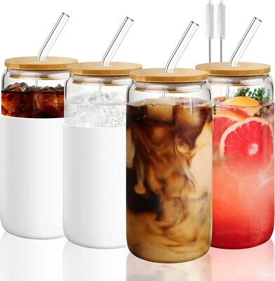 Glass Cups With Bamboo Lids & Straws 4 pc 16oz can shaped glass bottle ...