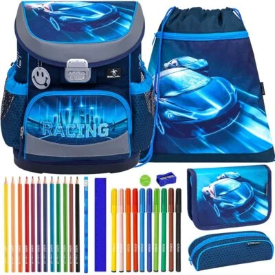 Belmil Schulranzen Set Mini Fit Racing Blue Neon Rennauto Rennwagen blau gefüllt