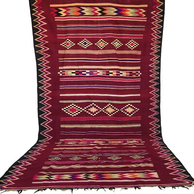 Vintage Handmade Moroccan Wool Rug Burgundy Geometric Fringe Carpet 11x6