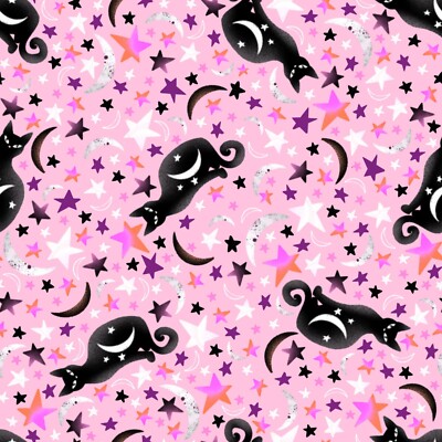 Feline Drive Fabric GHOSTLY GREETINGS Black Cats Pink - Sold by the Yard