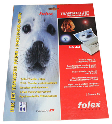 3 Blatt T-Shirt Transfer Papier / Folie Phosphor-Glow  Ink Jet A4  FOLEX