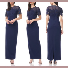NWT JS Collections 4 Crochet Embroidered Illusion Gown in Navy Q261