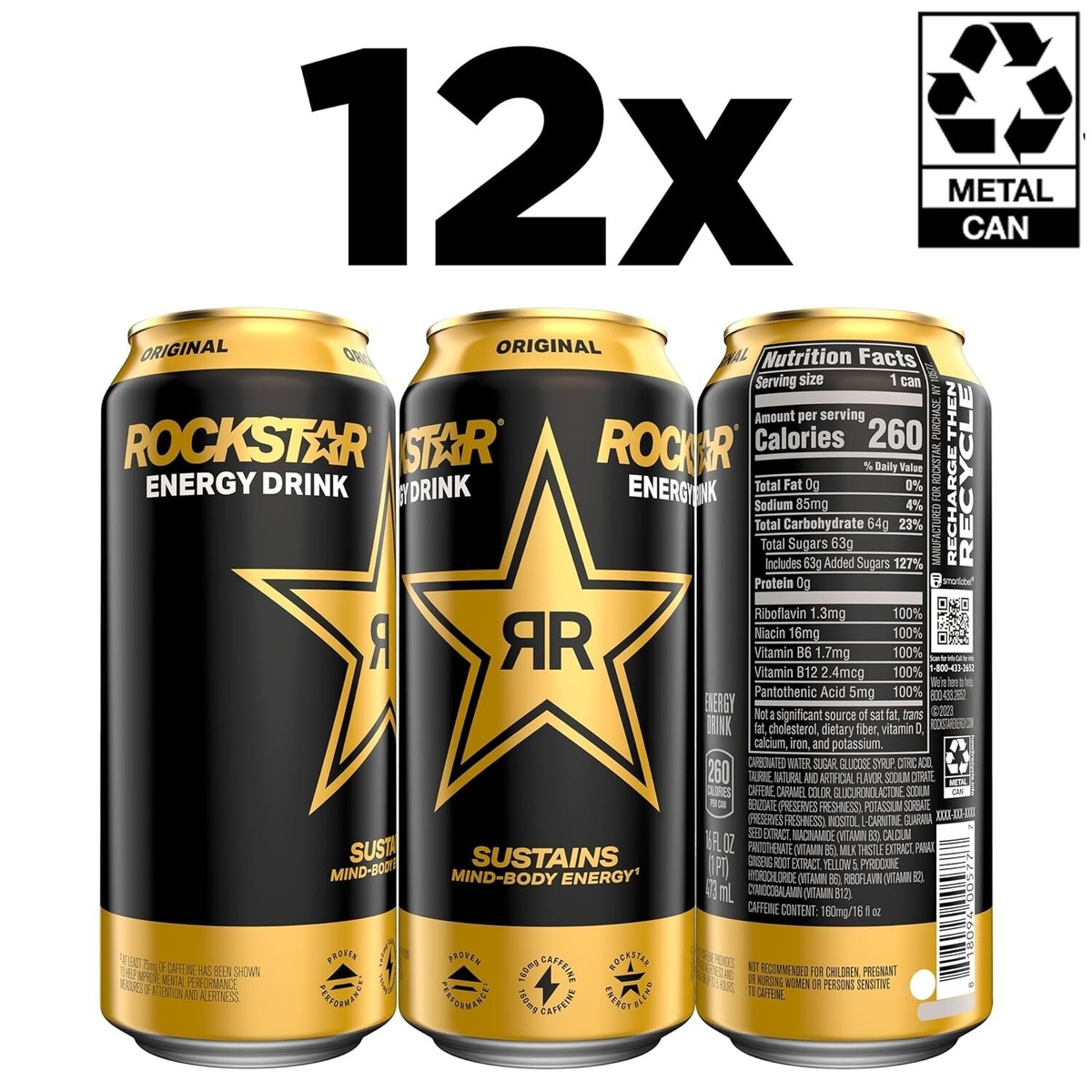 Rockstar Energy Drink, Original, 16oz Cans (12 Pack) (Packaging
