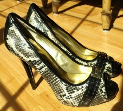 Open Toe Black And Gold Snake Heels GUESS Faux Snake Skin Black