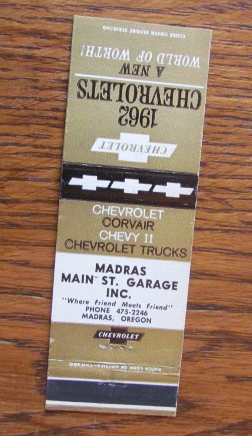 1962 CHEVROLET CAR DEALER MATCHBOOK COVER MADRAS, OREGON EMPTY