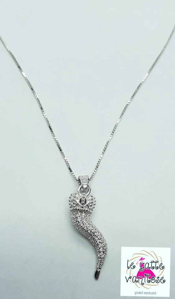 Collana con Corno cornetto Portafortuna in Argento 925 Zirconi bianchi bombato - Immagine 3 di 4