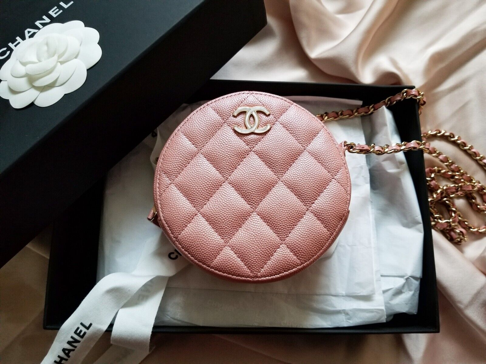 Chanel 19S Iridescent Pink Round Clutch On Chain