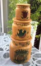 LANG AND WISE POTTERY PRIMATIVES - SET OF 3 STACKING JARS - WELCOME FRIENDS