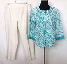 JM Collection/Talbots Green Floral Beaded Round Neck White 2Pc Pant Suit Size 14