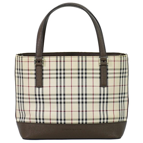 BURBERRY Plaid Canvas Tote Handbag Beige Silver