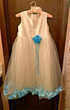 Kids Dream Flower Girl Tulle Long Dress w/Linen Bodice Flower Pin Sz. 9-10 Ivory